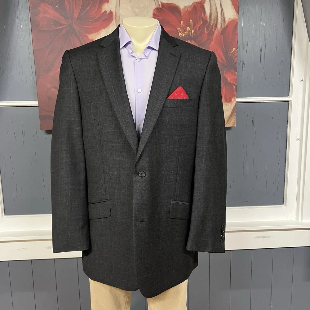 Joseph Abboud Custom Suit Mens 44L Long Pleated Pants 37x31 Dark Gray/Blue Plaid